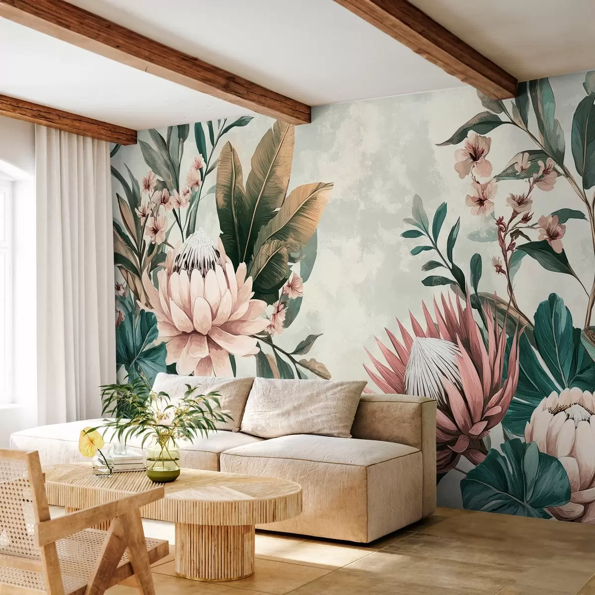 wall murals exotic plants, palm leaves and protea flowers inspired by vintage w03015