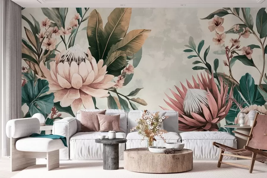 wall murals exotic plants, palm leaves and protea flowers inspired by vintage w03015
