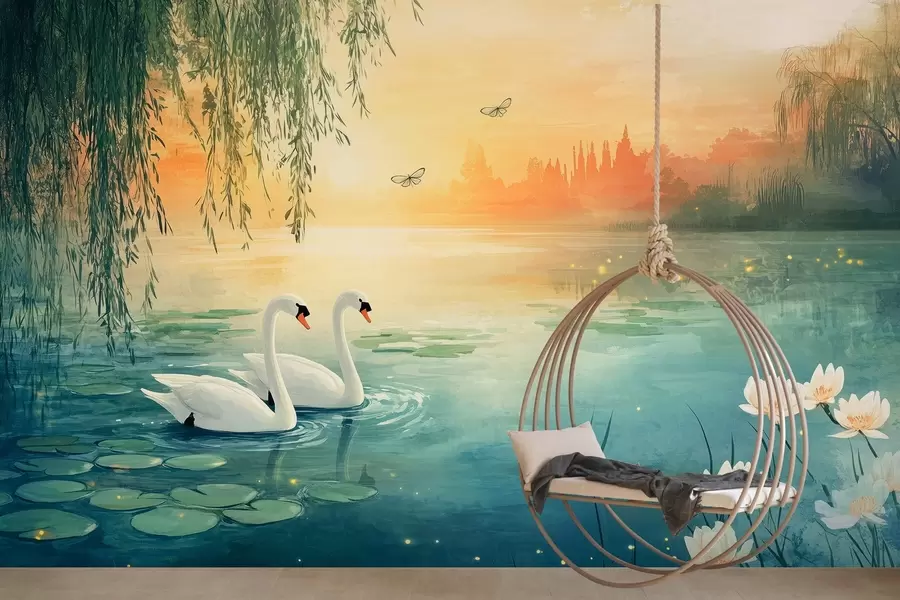 wall murals Romantic landscape in the style of oil painting with two white swans on the lake w03017