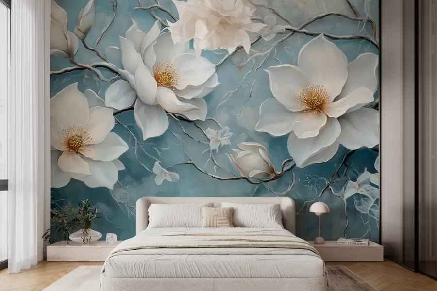 wall murals Frosty white flowers on a blue background in the style of oil painting w03018