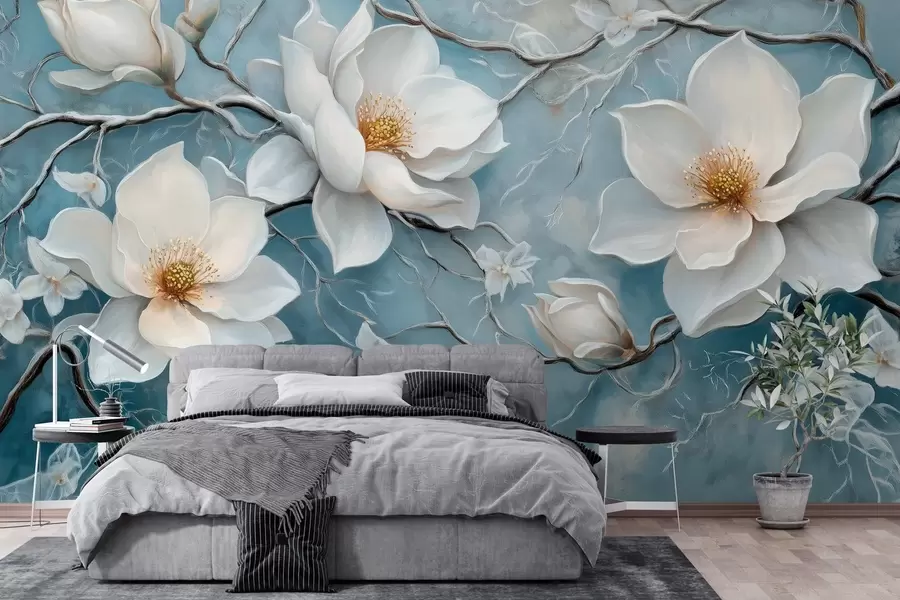 wall murals Frosty white flowers on a blue background in the style of oil painting w03018