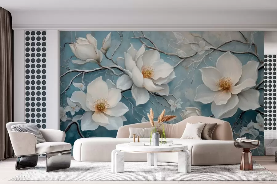 wall murals Frosty white flowers on a blue background in the style of oil painting w03018