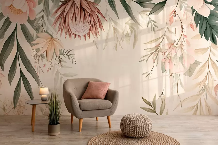 wall murals Protea flower among various leaves and plants in warm beige and green tones w03019