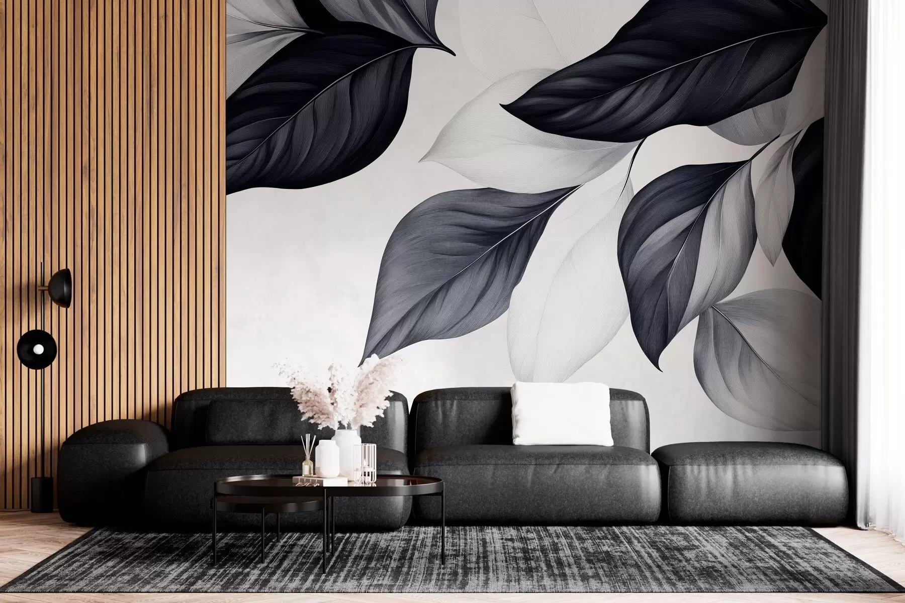wall murals Graphic black and white leaves w03020