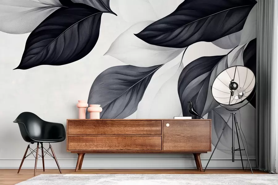 wall murals Graphic black and white leaves w03020