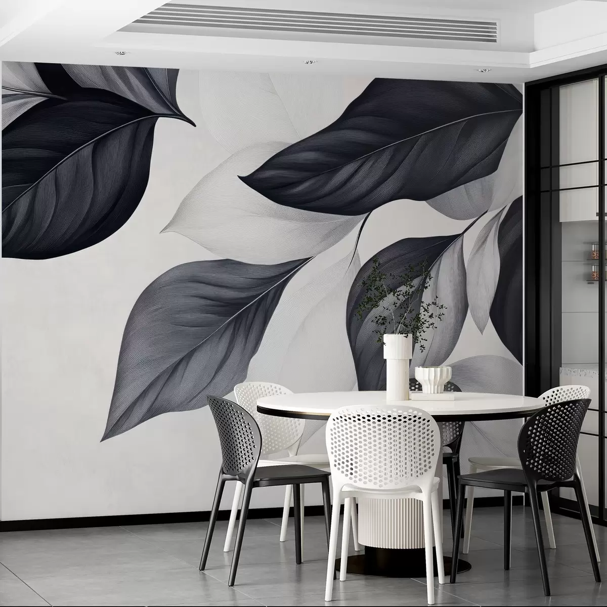 wall murals Graphic black and white leaves w03020
