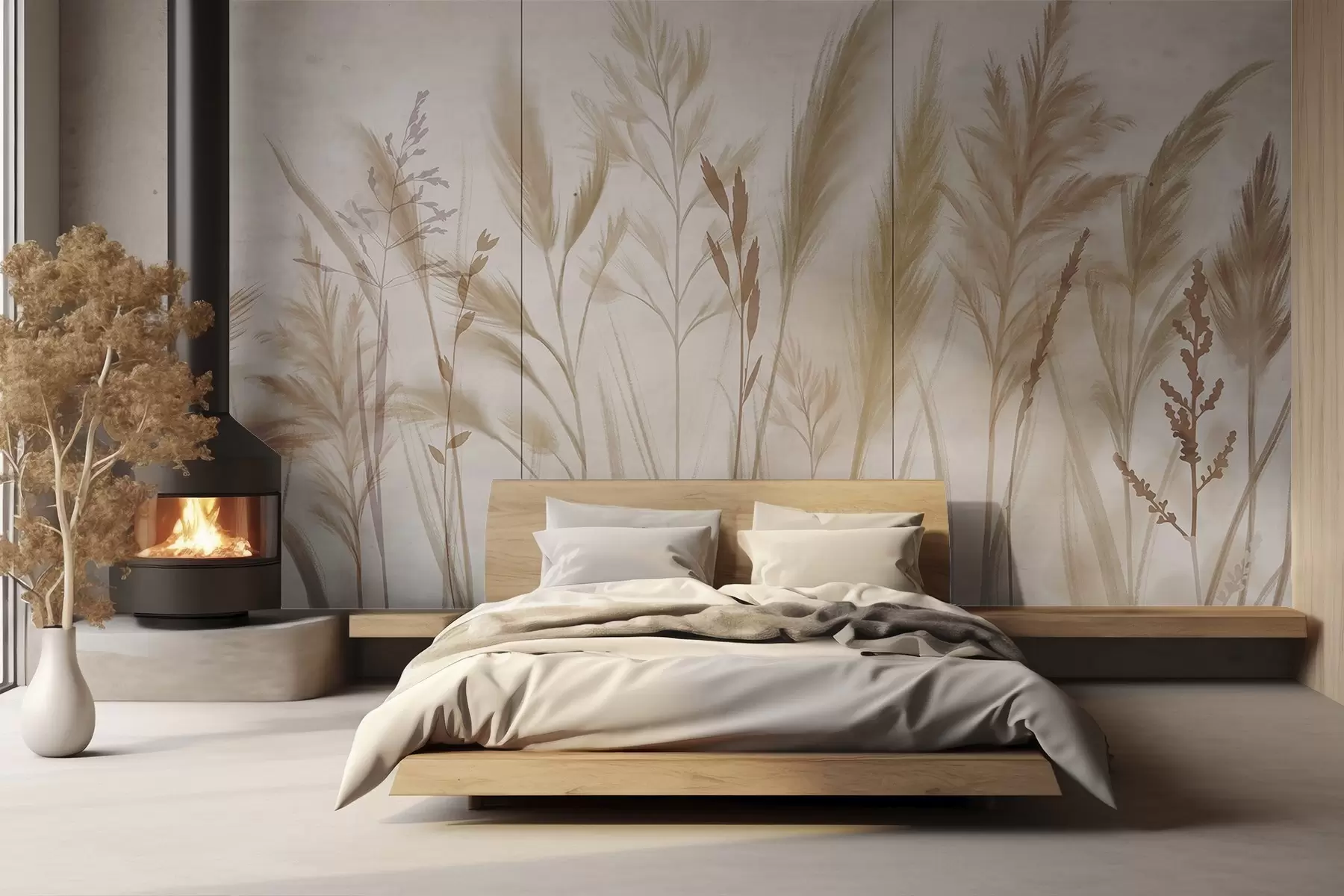 wall murals Tall, delicate grasses, spikelets and plants in soft beige and cream tones, against a light blurred background w08736