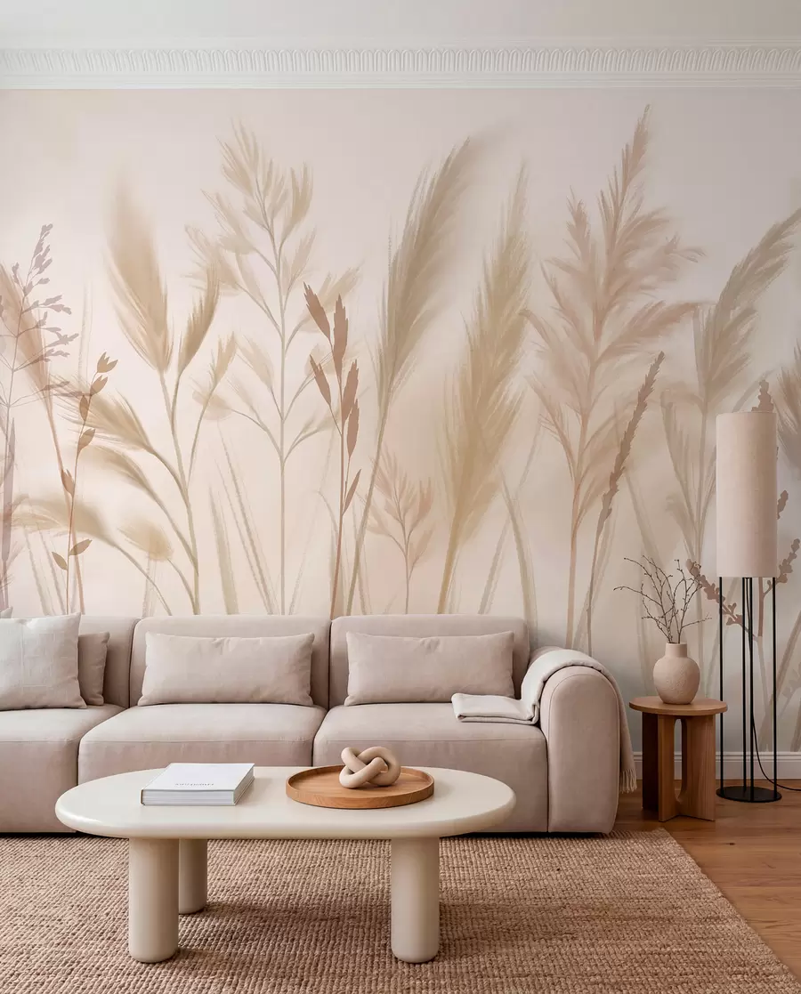 wall murals Tall, delicate grasses, spikelets and plants in soft beige and cream tones, against a light blurred background w08736