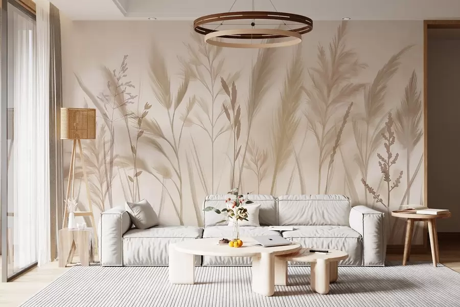 wall murals Tall, delicate grasses, spikelets and plants in soft beige and cream tones, against a light blurred background w08736