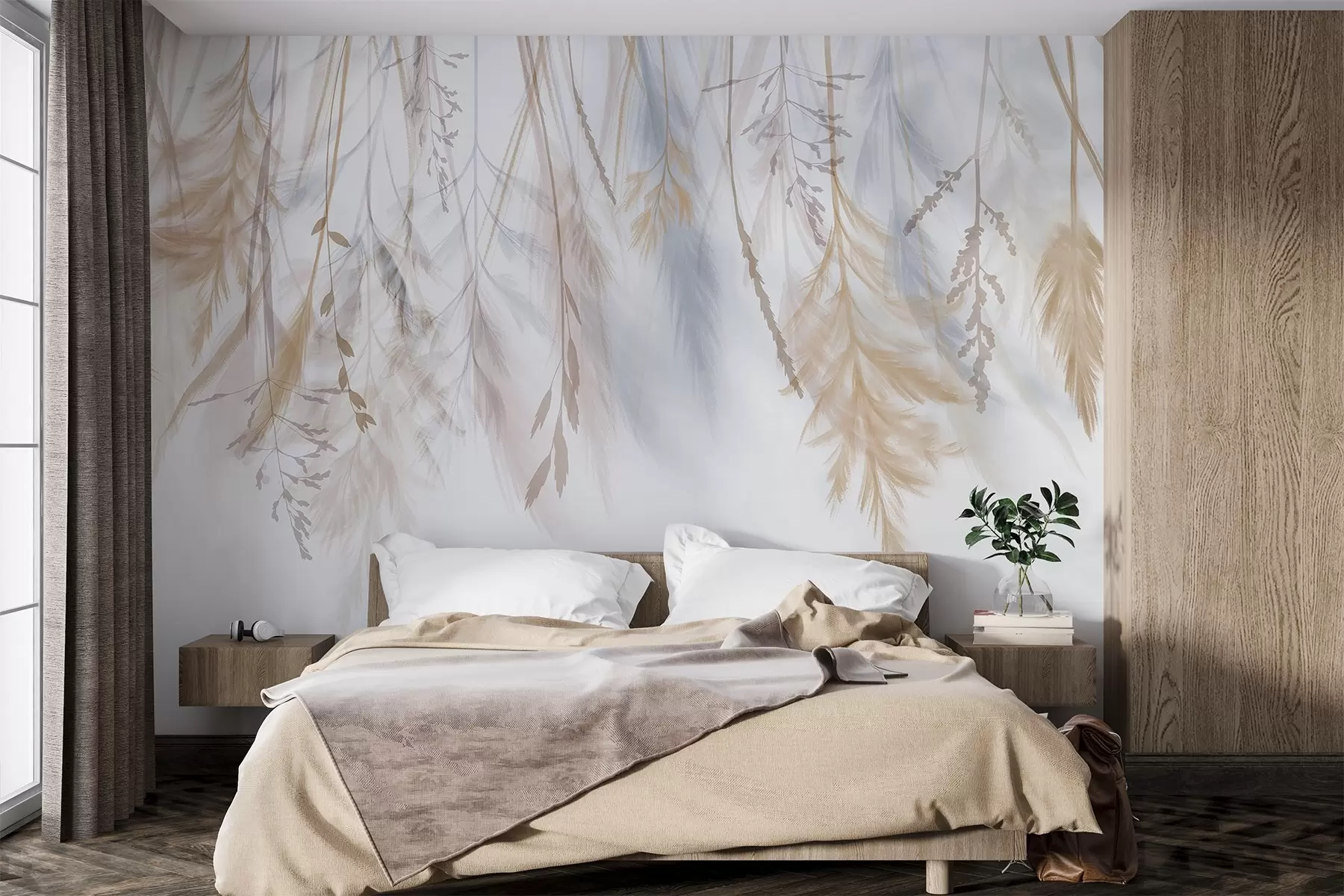 wall murals Delicate grasses, spikelets and plants in pastel tones, arranged in a cascading print against a pale background w08737