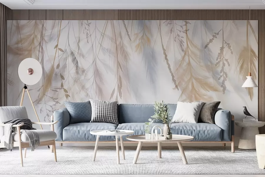 wall murals Delicate grasses, spikelets and plants in pastel tones, arranged in a cascading print against a pale background w08737