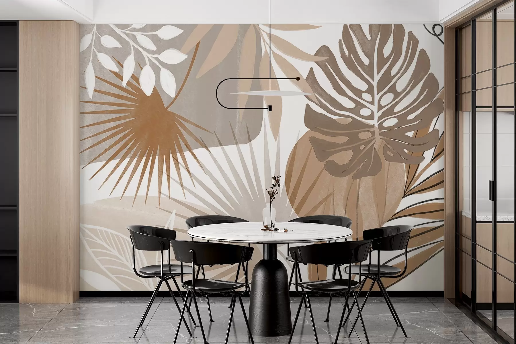 wall murals Abstract design featuring various tropical leaves and in earthy tones of brown, beige, and cream  w08738