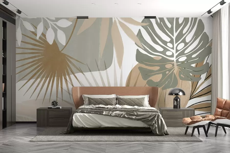 wall murals Abstract design featuring various tropical leaves and in earthy tones of green, beige, and cream  w08738v1