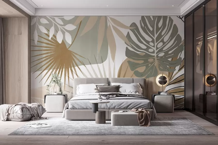 wall murals Abstract design featuring various tropical leaves and in earthy tones of green, beige, and cream  w08738v1