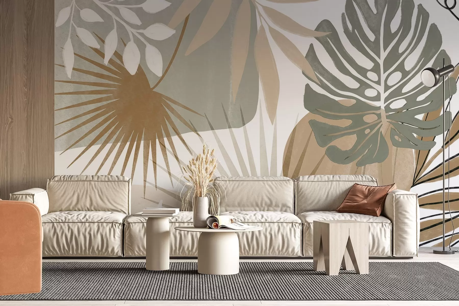 wall murals Abstract design featuring various tropical leaves and in earthy tones of green, beige, and cream  w08738v1