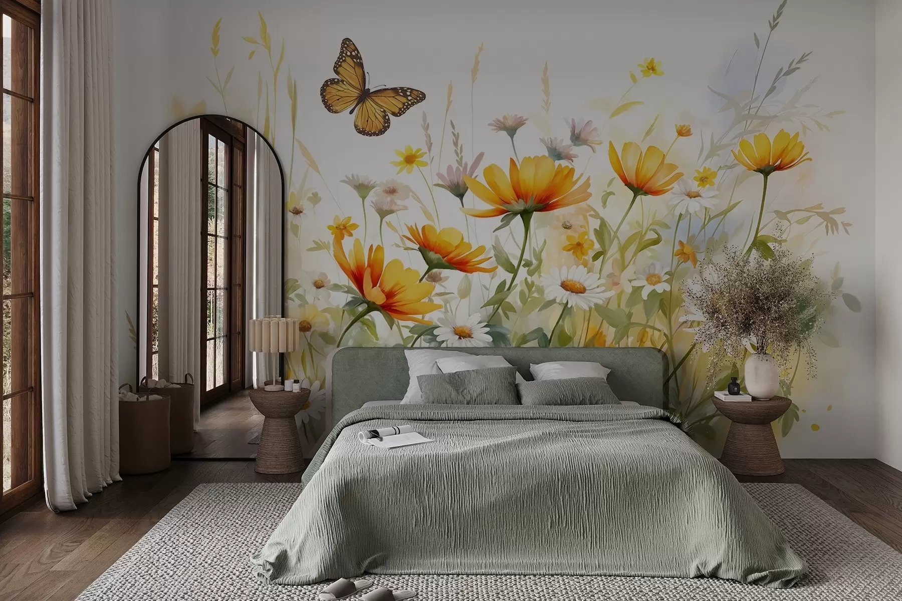 wall murals A vibrant watercolor-like field of flowers featuring orange and yellow blooms with a butterfly above the flowers w08739