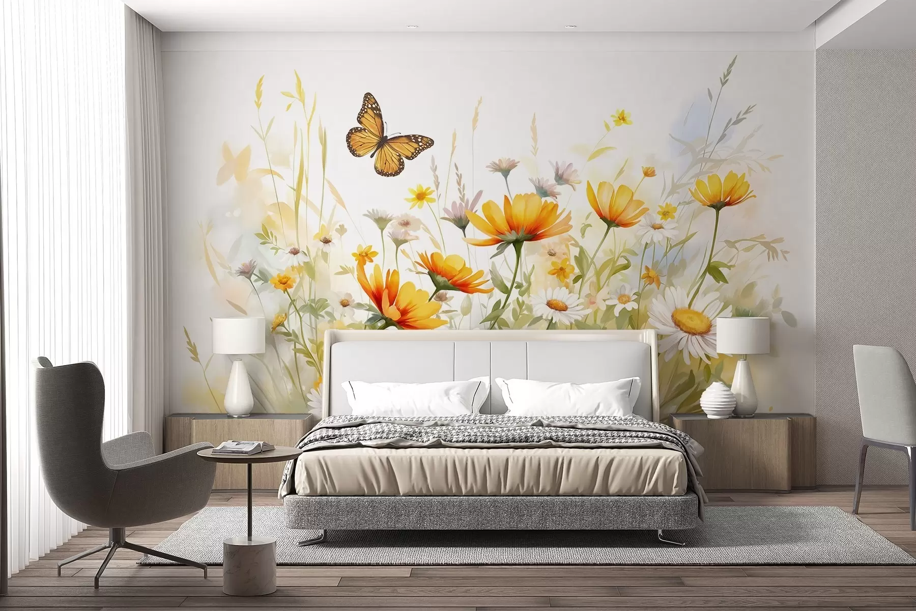 wall murals A vibrant watercolor-like field of flowers featuring orange and yellow blooms with a butterfly above the flowers w08739