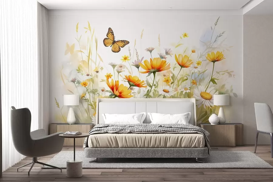 wall murals A vibrant watercolor-like field of flowers featuring orange and yellow blooms with a butterfly above the flowers w08739