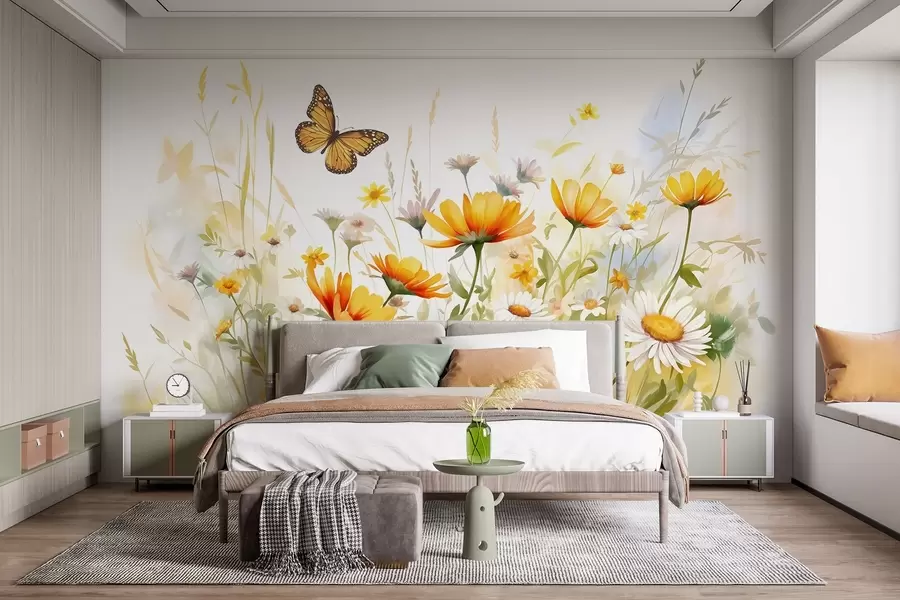 wall murals A vibrant watercolor-like field of flowers featuring orange and yellow blooms with a butterfly above the flowers w08739