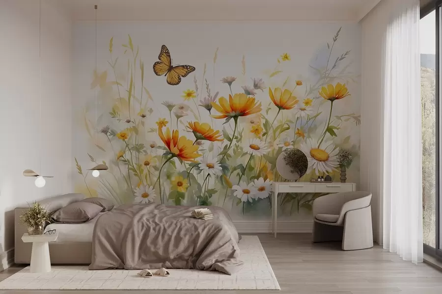 wall murals A vibrant watercolor-like field of flowers featuring orange and yellow blooms with a butterfly above the flowers w08739