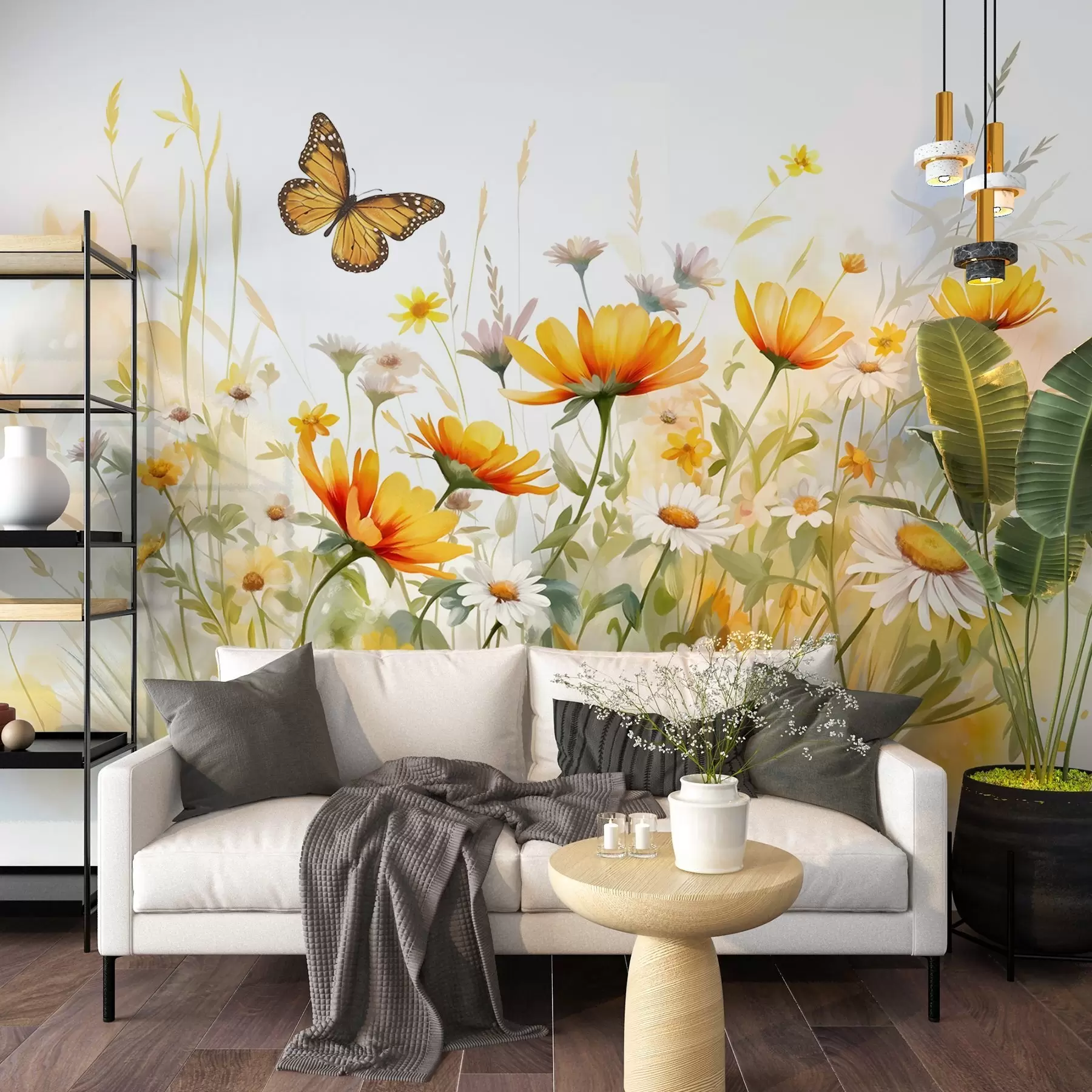 wall murals A vibrant watercolor-like field of flowers featuring orange and yellow blooms with a butterfly above the flowers w08739