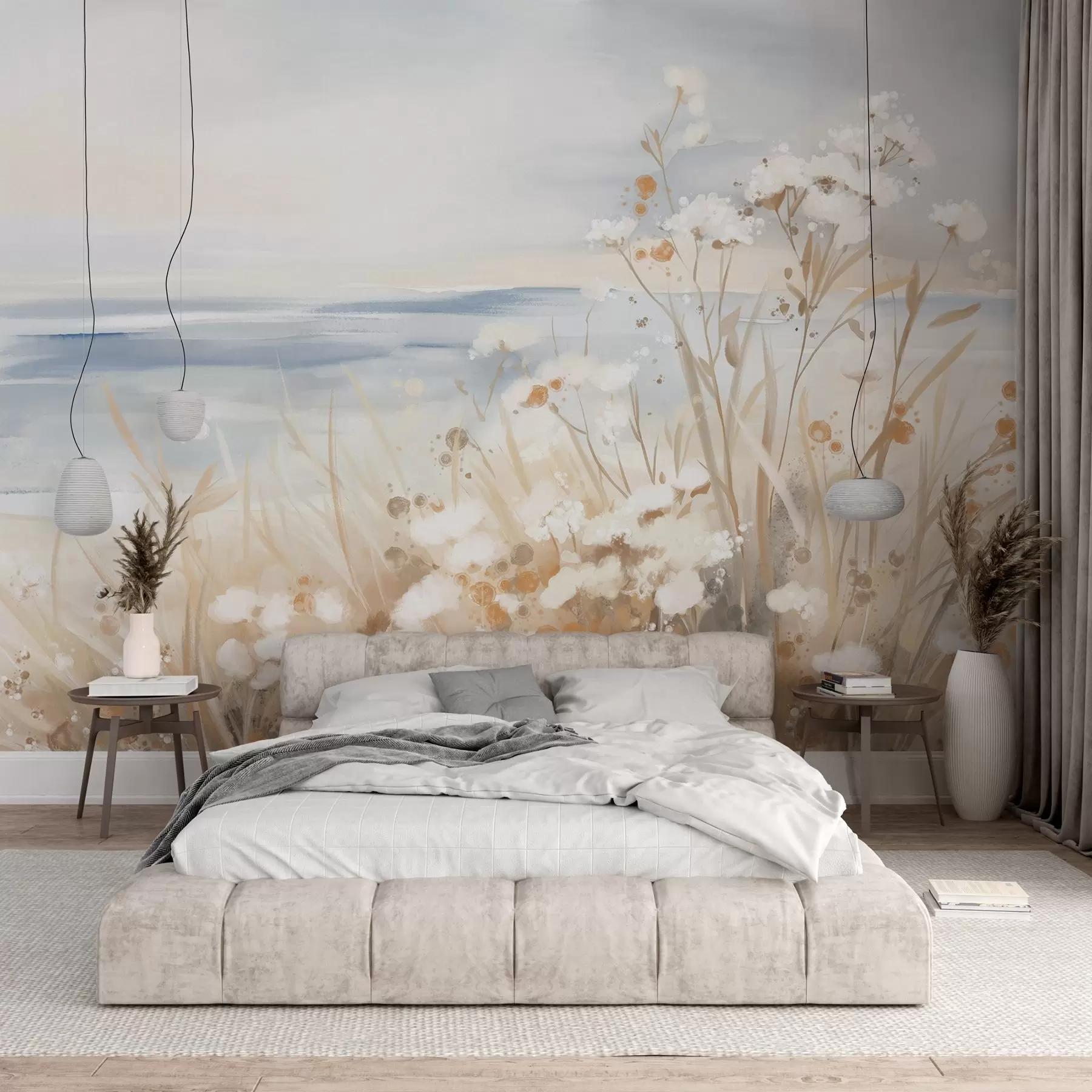 wall murals White abstract flowers with delicate stems in a grass, against a soft, muted background of a calm sea and sky  w08740