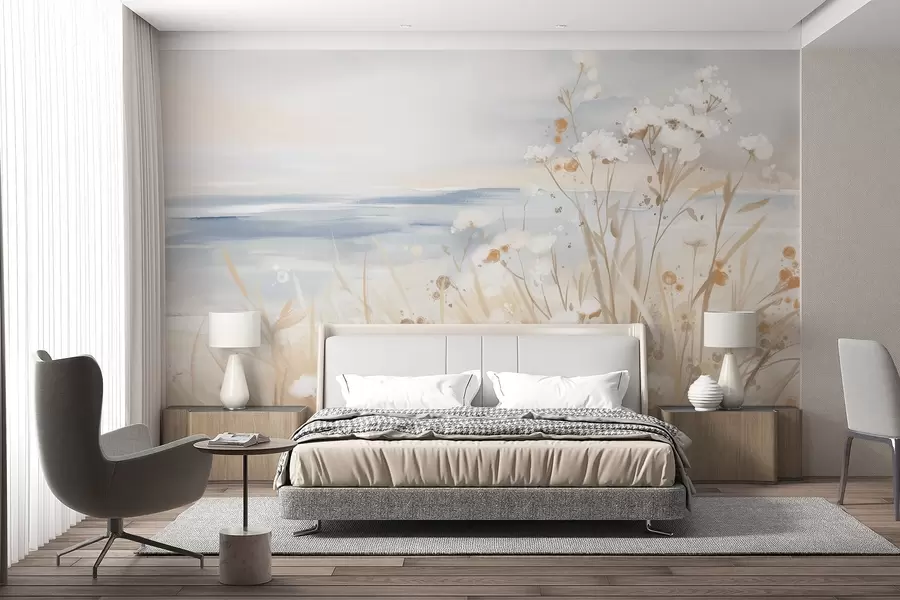 wall murals White abstract flowers with delicate stems in a grass, against a soft, muted background of a calm sea and sky  w08740