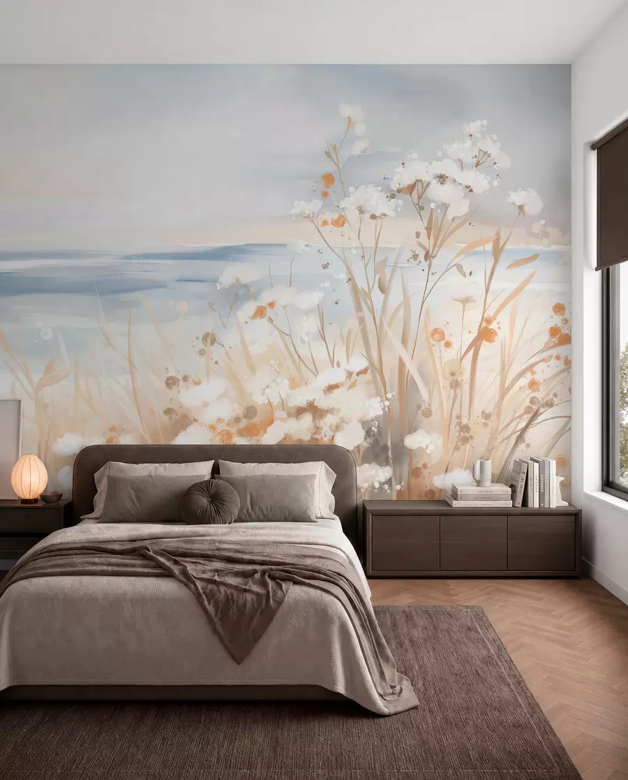 wall murals White abstract flowers with delicate stems in a grass, against a soft, muted background of a calm sea and sky  w08740