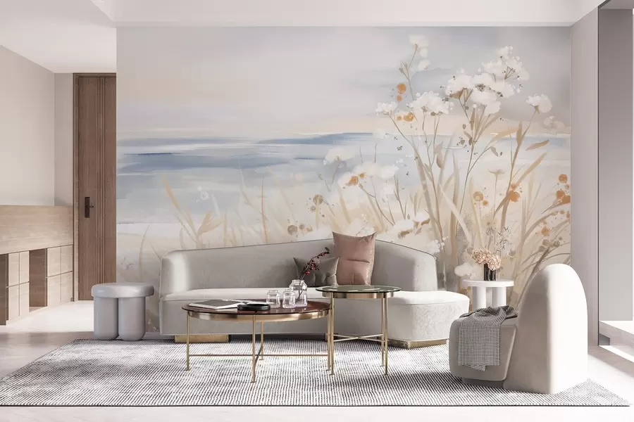 wall murals White abstract flowers with delicate stems in a grass, against a soft, muted background of a calm sea and sky  w08740