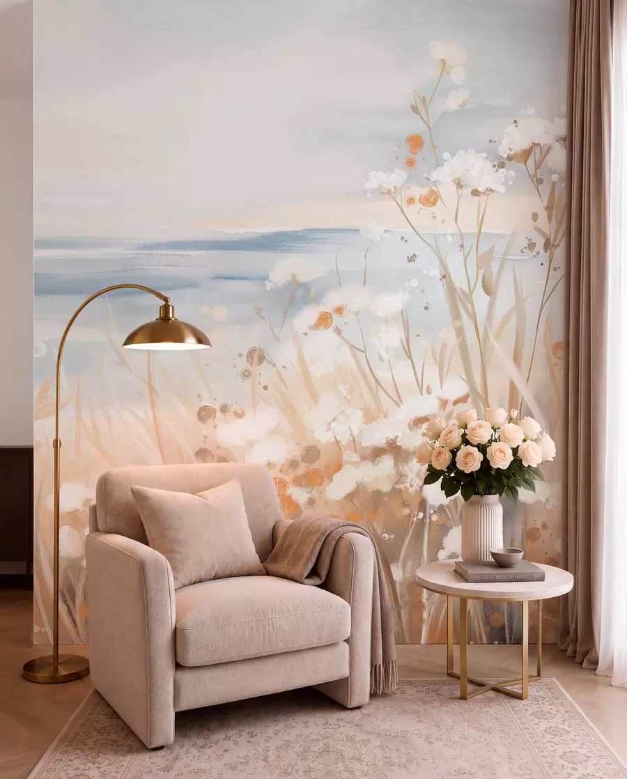 wall murals White abstract flowers with delicate stems in a grass, against a soft, muted background of a calm sea and sky  w08740