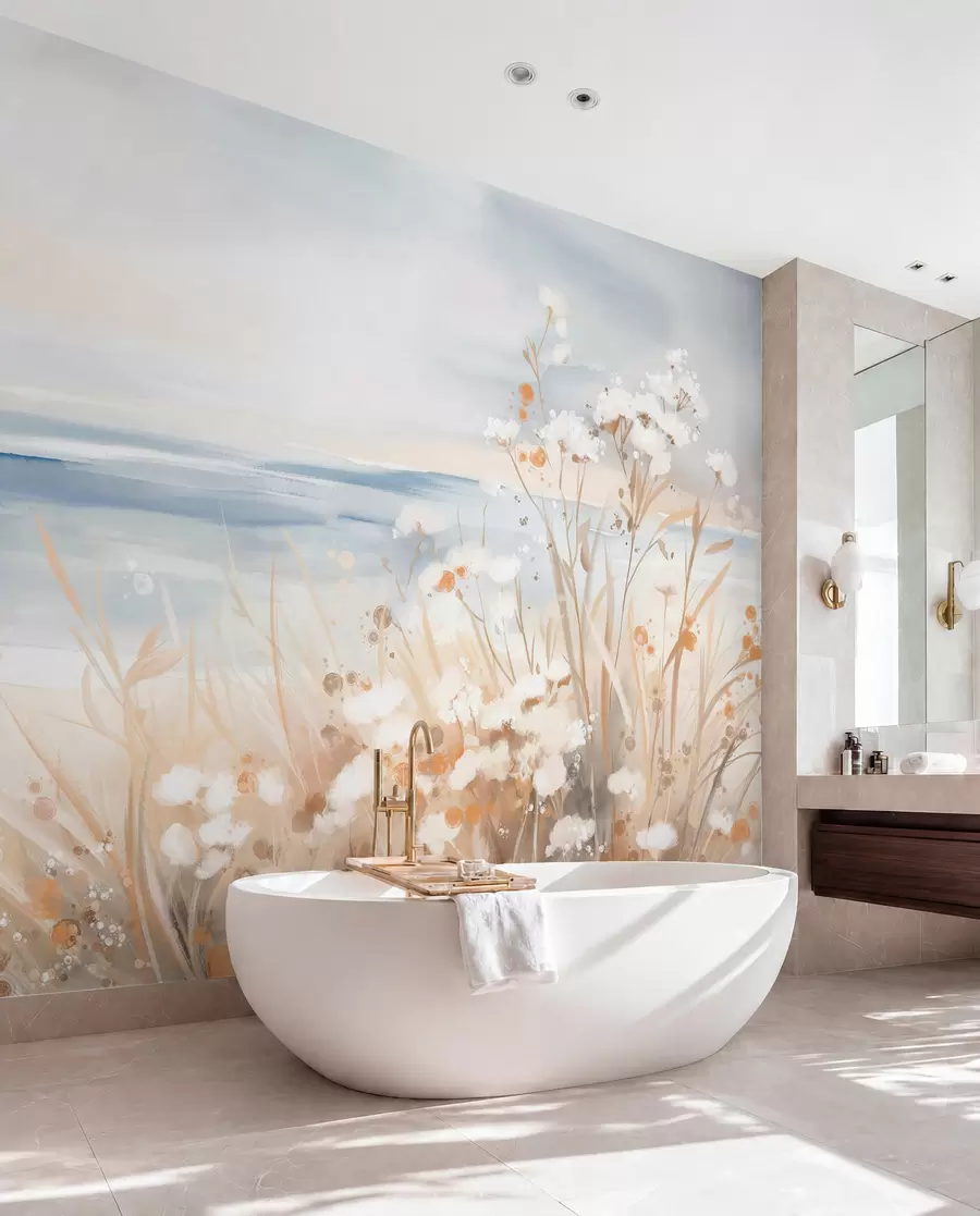 wall murals White abstract flowers with delicate stems in a grass, against a soft, muted background of a calm sea and sky  w08740