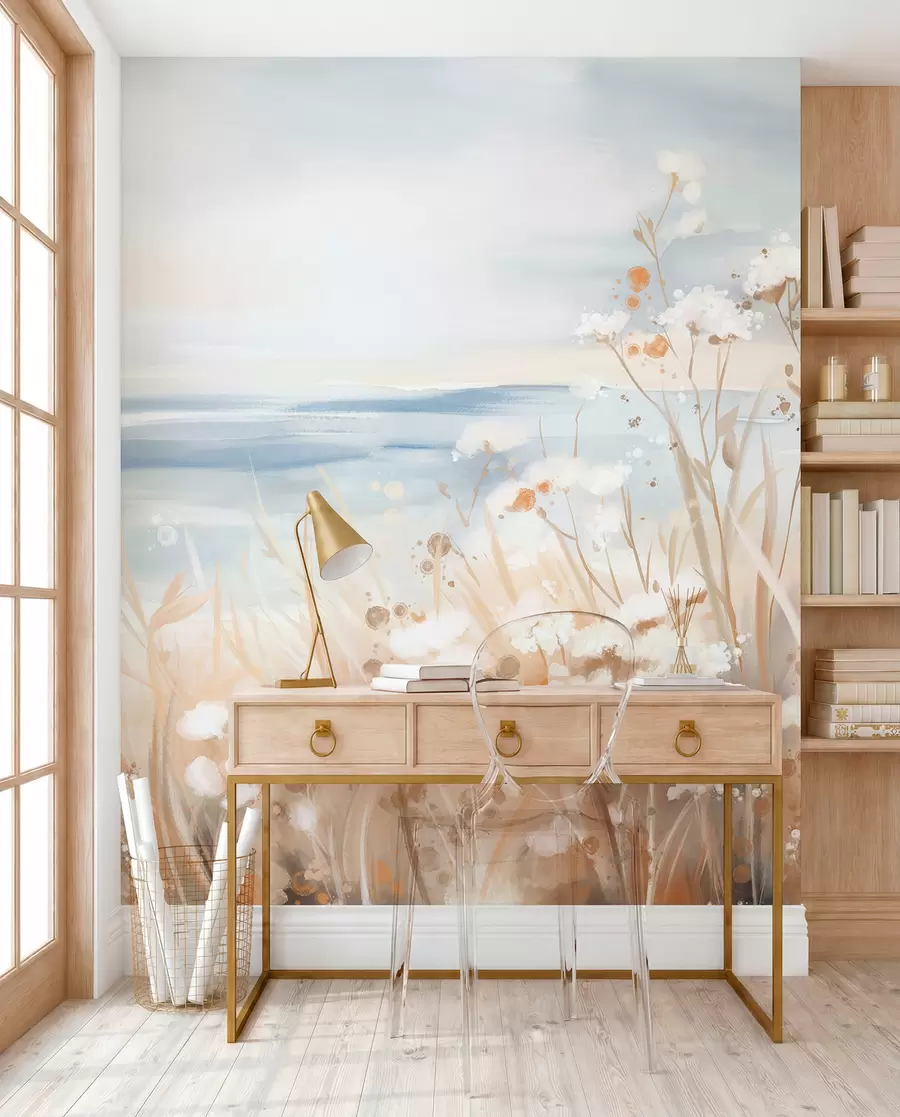 wall murals White abstract flowers with delicate stems in a grass, against a soft, muted background of a calm sea and sky  w08740