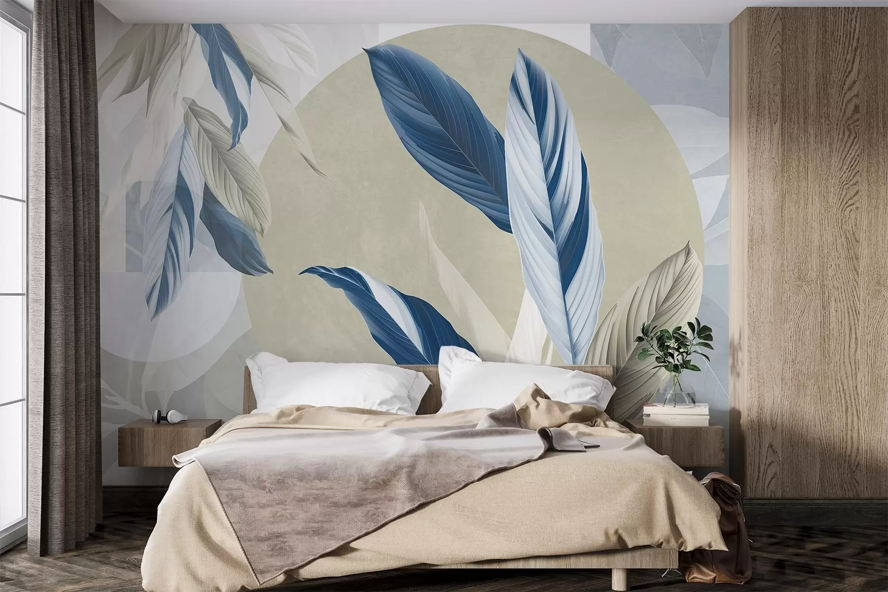 wall murals Modern and abstract geometric textural composition with detailed leaves in shades of blue, beige and white w08741