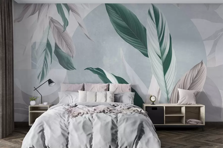 wall murals Modern and abstract geometric textural composition with detailed leaves in shades of green, light purple and white w08741v1