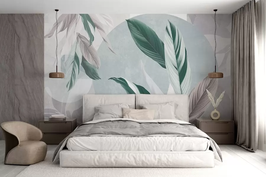 wall murals Modern and abstract geometric textural composition with detailed leaves in shades of green, light purple and white w08741v1