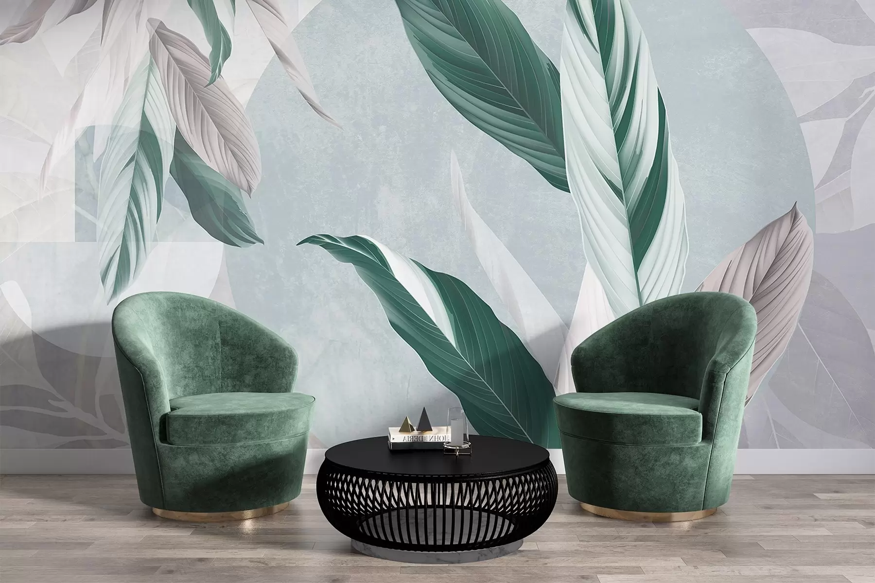 wall murals Modern and abstract geometric textural composition with detailed leaves in shades of green, light purple and white w08741v1