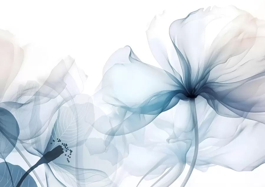 wall murals Blue abstract flowers with soft, translucent flowing petals and delicate detailes, against a white background w08742