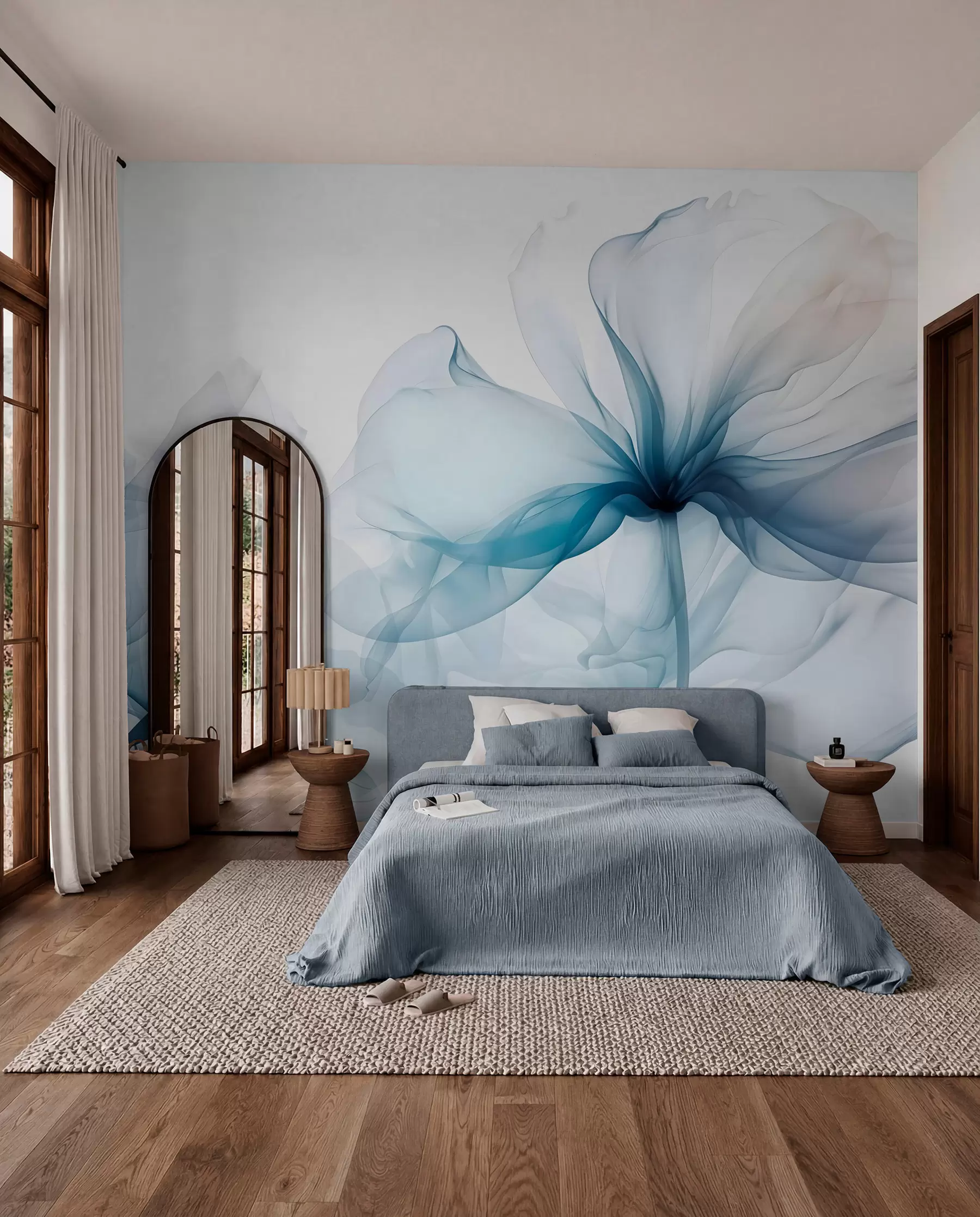 wall murals Blue abstract flowers with soft, translucent flowing petals and delicate detailes, against a white background w08742
