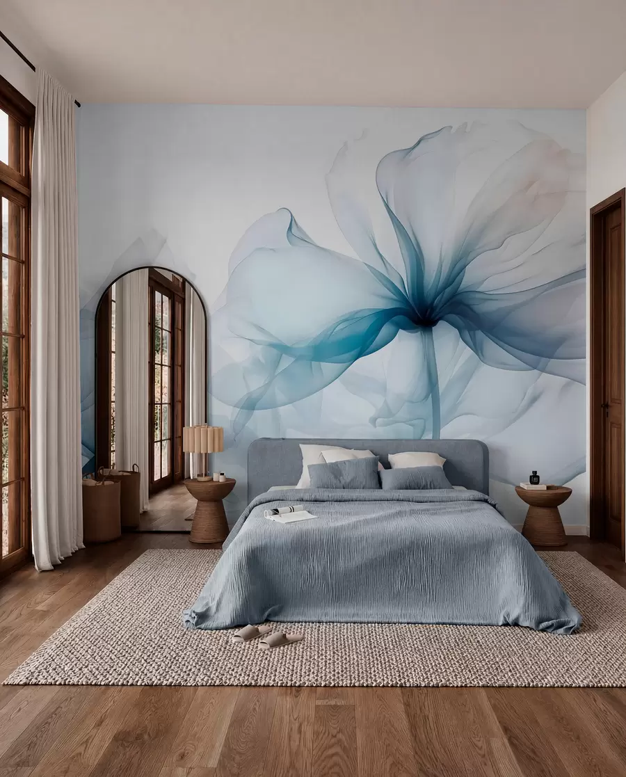 wall murals Blue abstract flowers with soft, translucent flowing petals and delicate detailes, against a white background w08742