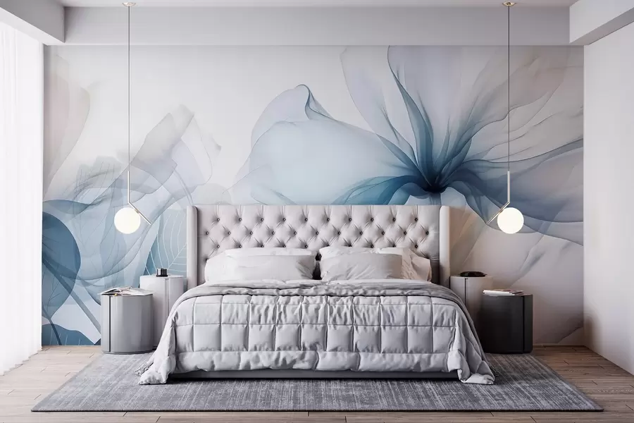 wall murals Blue abstract flowers with soft, translucent flowing petals and delicate detailes, against a white background w08742