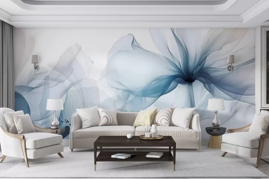 wall murals Blue abstract flowers with soft, translucent flowing petals and delicate detailes, against a white background w08742