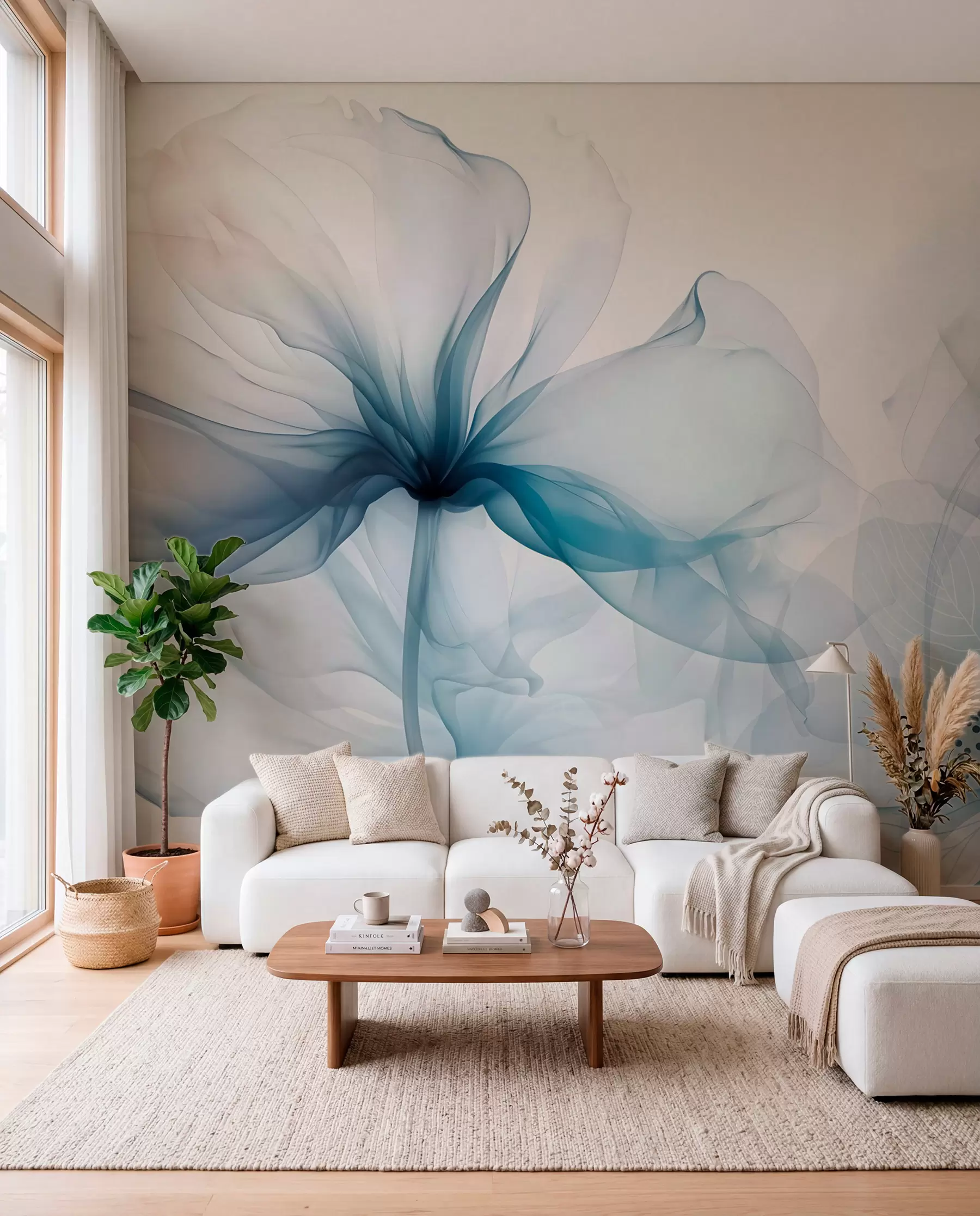 wall murals Blue abstract flowers with soft, translucent flowing petals and delicate detailes, against a white background w08742