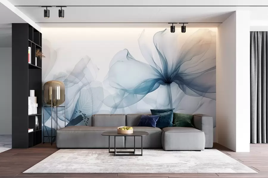 wall murals Blue abstract flowers with soft, translucent flowing petals and delicate detailes, against a white background w08742