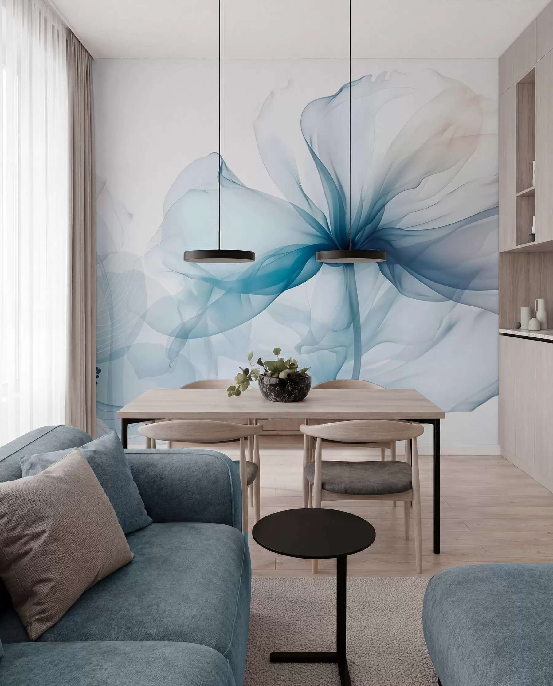 wall murals Blue abstract flowers with soft, translucent flowing petals and delicate detailes, against a white background w08742
