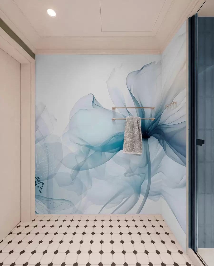wall murals Blue abstract flowers with soft, translucent flowing petals and delicate detailes, against a white background w08742