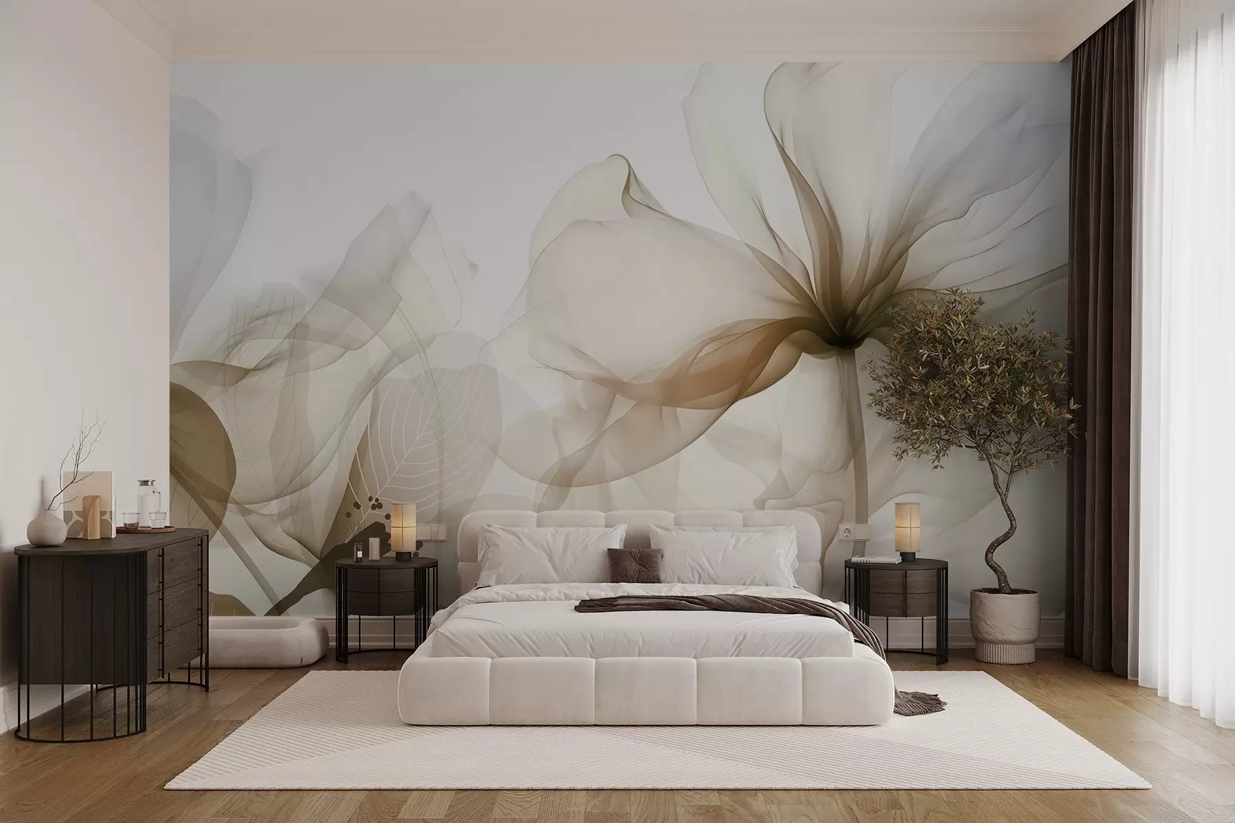 wall murals Brown abstract flowers with soft, translucent flowing petals and delicate detailes, against a white background w08742v1