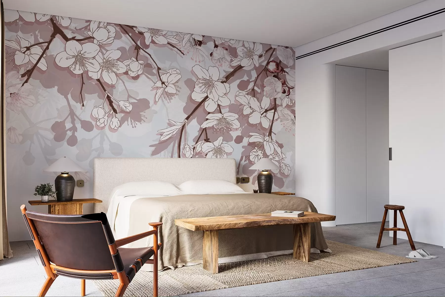 wall murals Branches of cherry blossoms with delicate white flowers and pink accents against a light blue background w08743