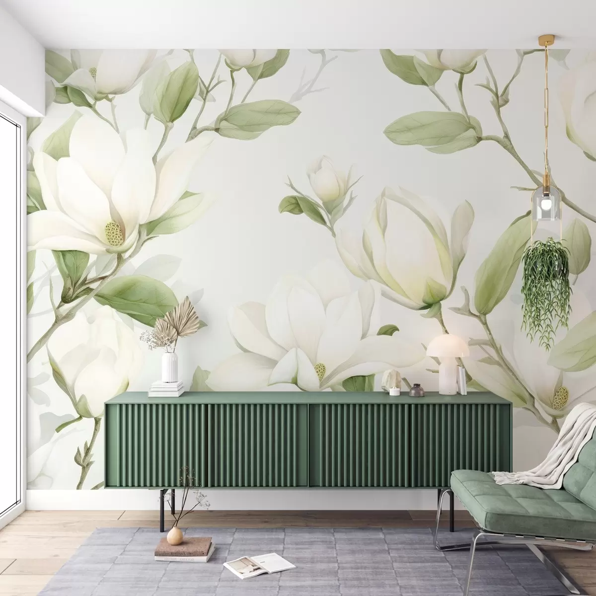 wall murals Elegant magnolia flowers in white and creamy shades with delicate green leaves on a light background w03046v1