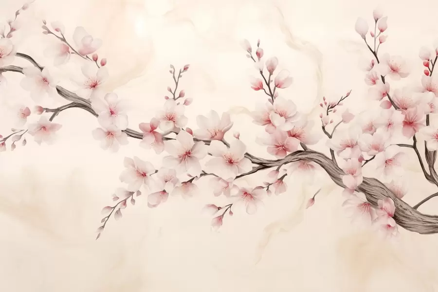 wall murals A delicate cherry blossom branch with soft pink flowers on a light background w03079