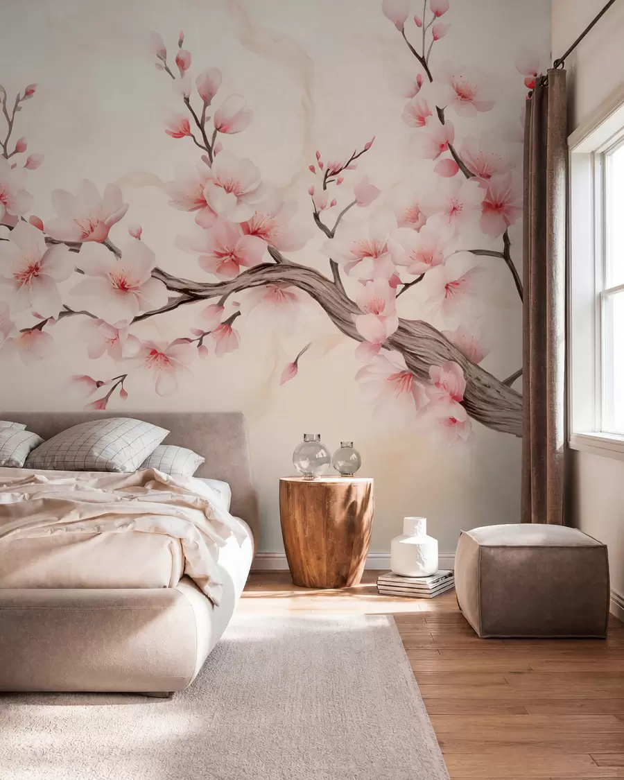 wall murals A delicate cherry blossom branch with soft pink flowers on a light background w03079